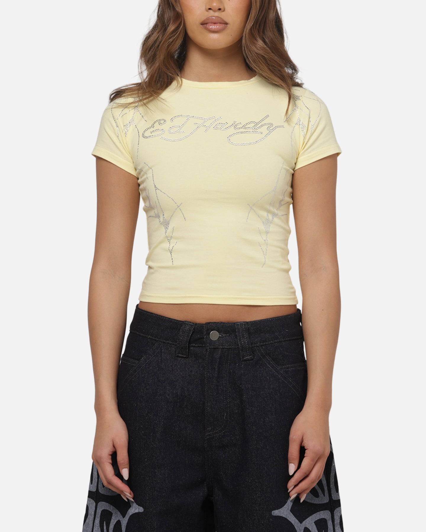 Ed Hardy Women's Cyber Rhinestone Baby T-Shirt Butter Yellow