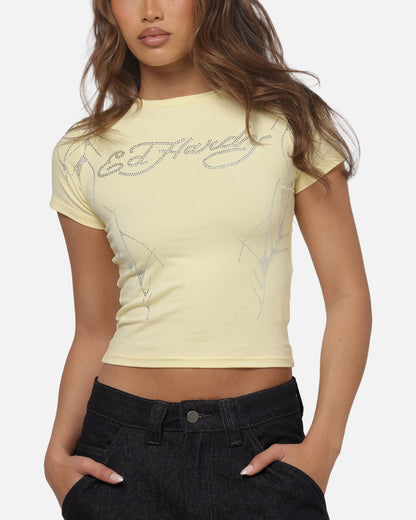 Ed Hardy Women's Cyber Rhinestone Baby T-Shirt Butter Yellow
