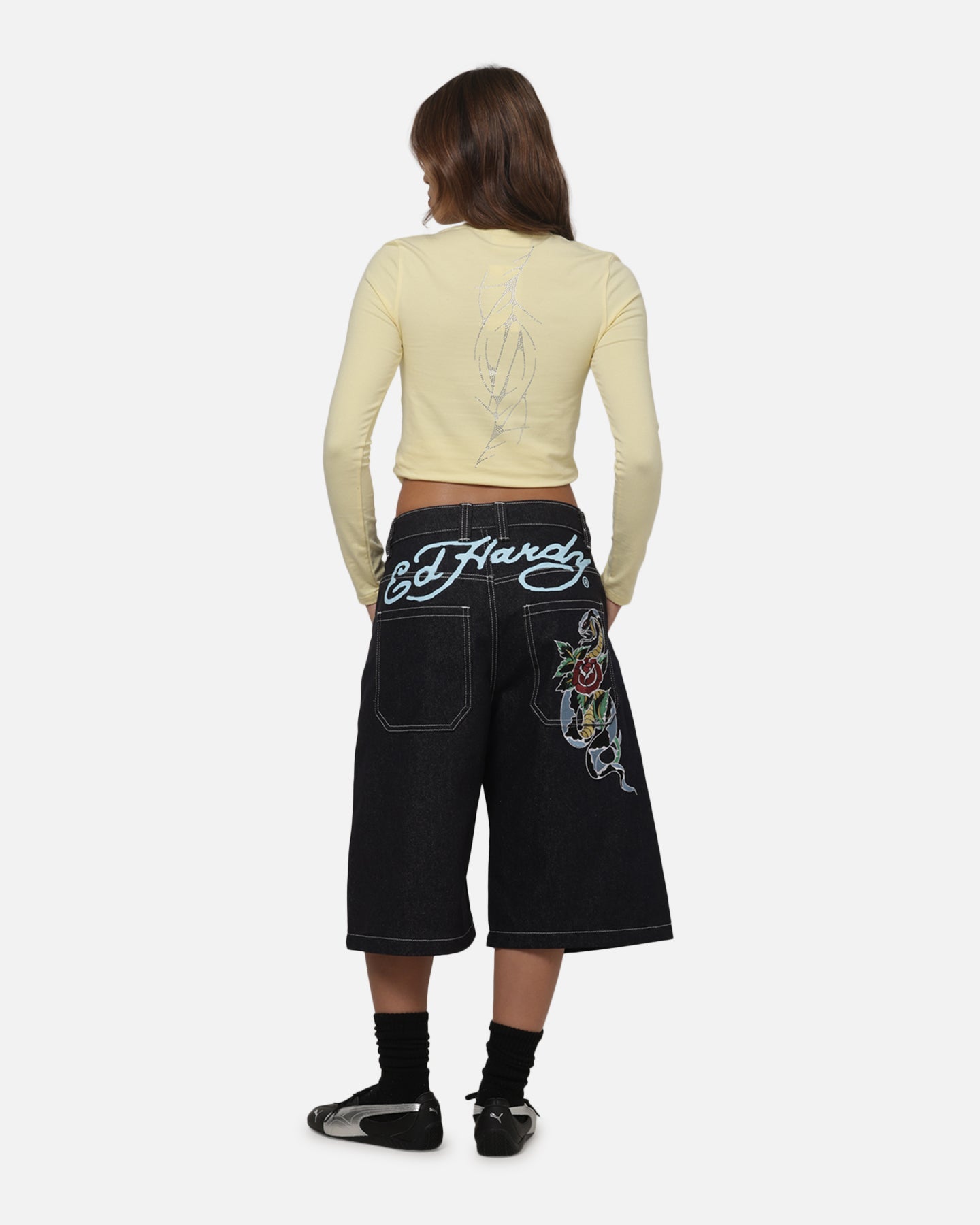 Ed Hardy Women's Cyber Rhinestone Long Sleeve T-Shirt Butter Yellow