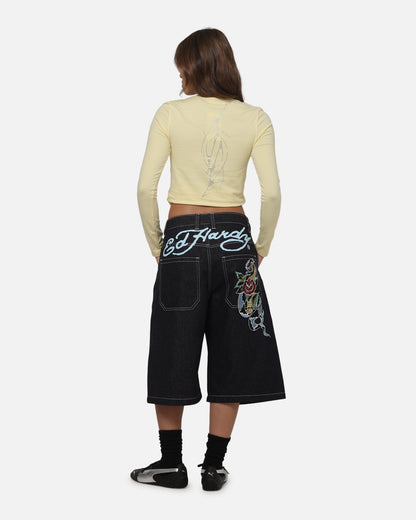 Ed Hardy Women's Cyber Rhinestone Long Sleeve T-Shirt Butter Yellow