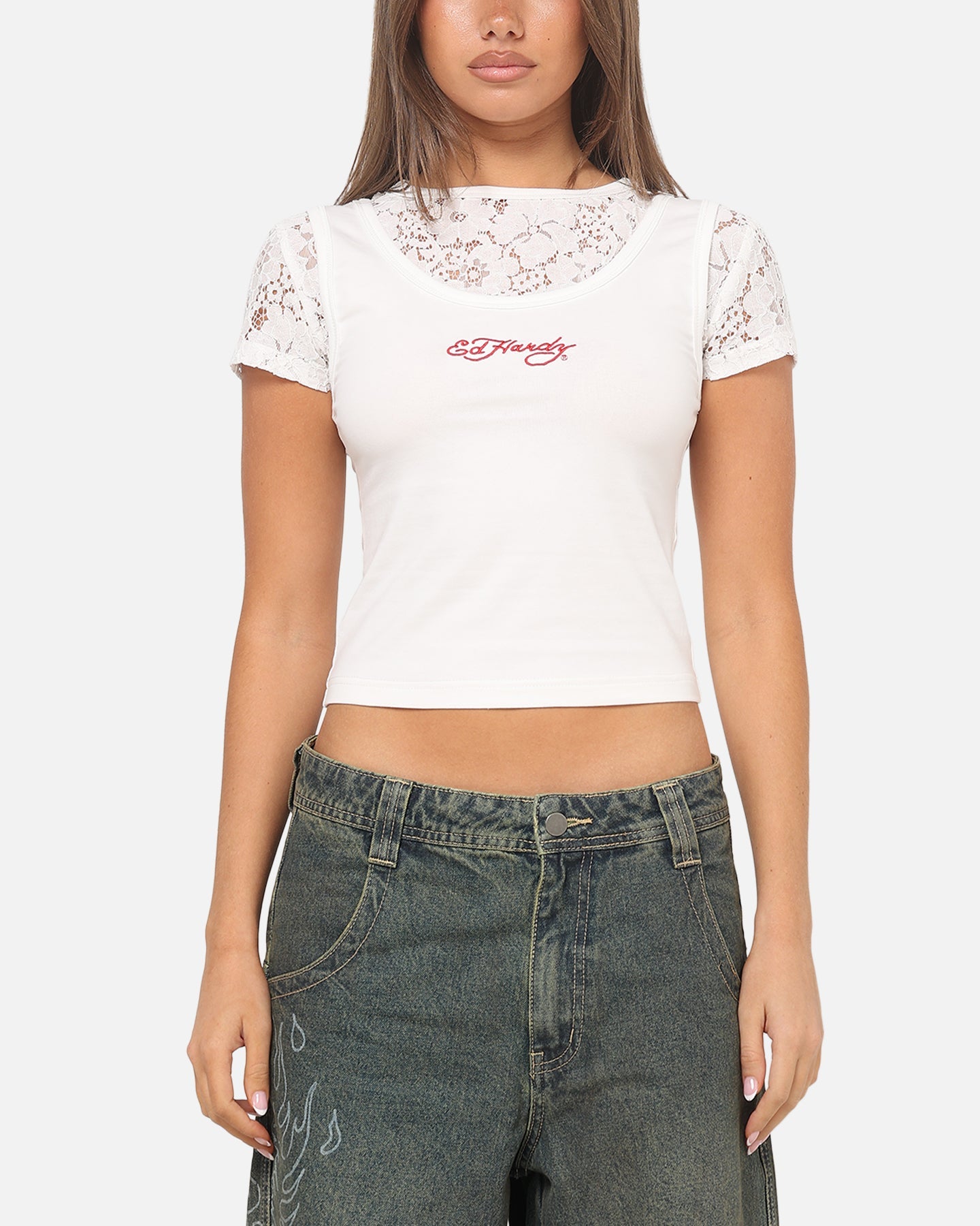 Ed Hardy Women's Layered Lace T-Shirt White