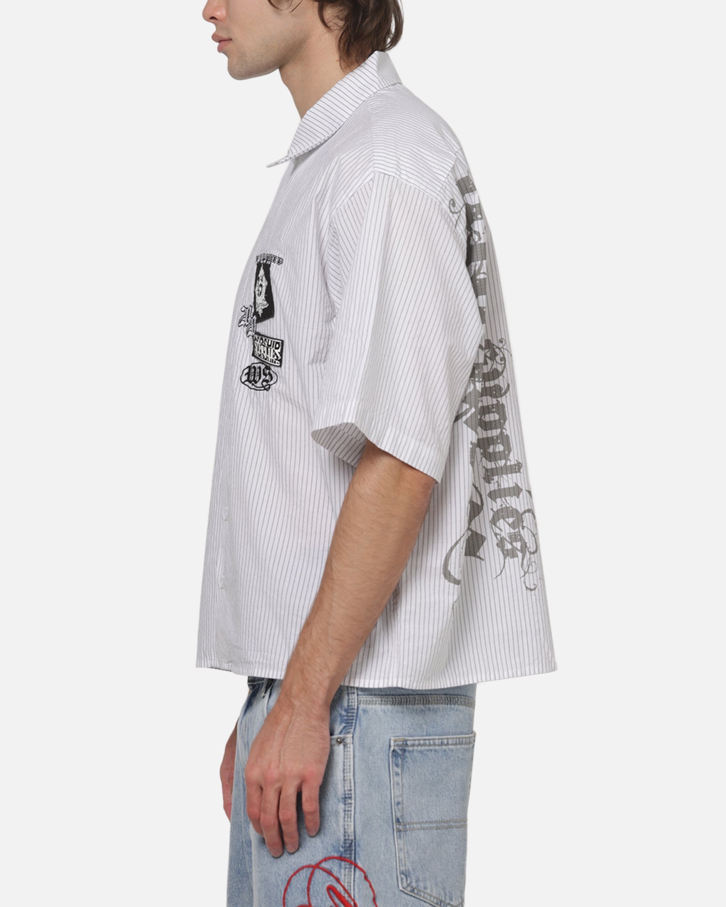 Worship Restraint Box Crop Shirt White Pinstripe
