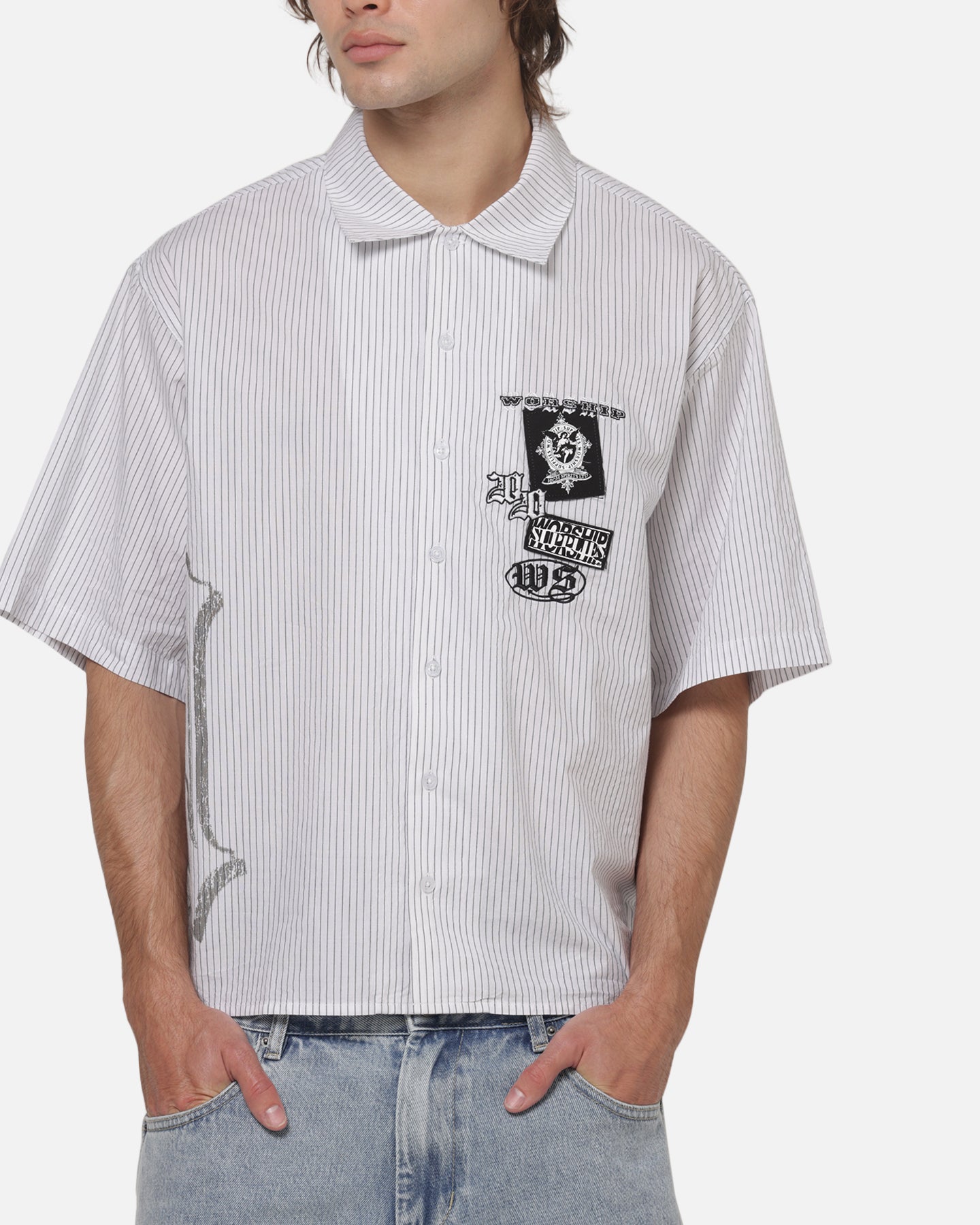 Worship Restraint Box Crop Shirt White Pinstripe
