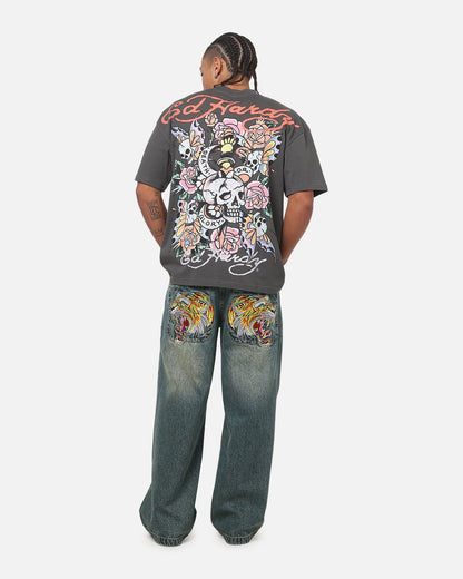 Ed Hardy Floral Skull T-Shirt Charcoal