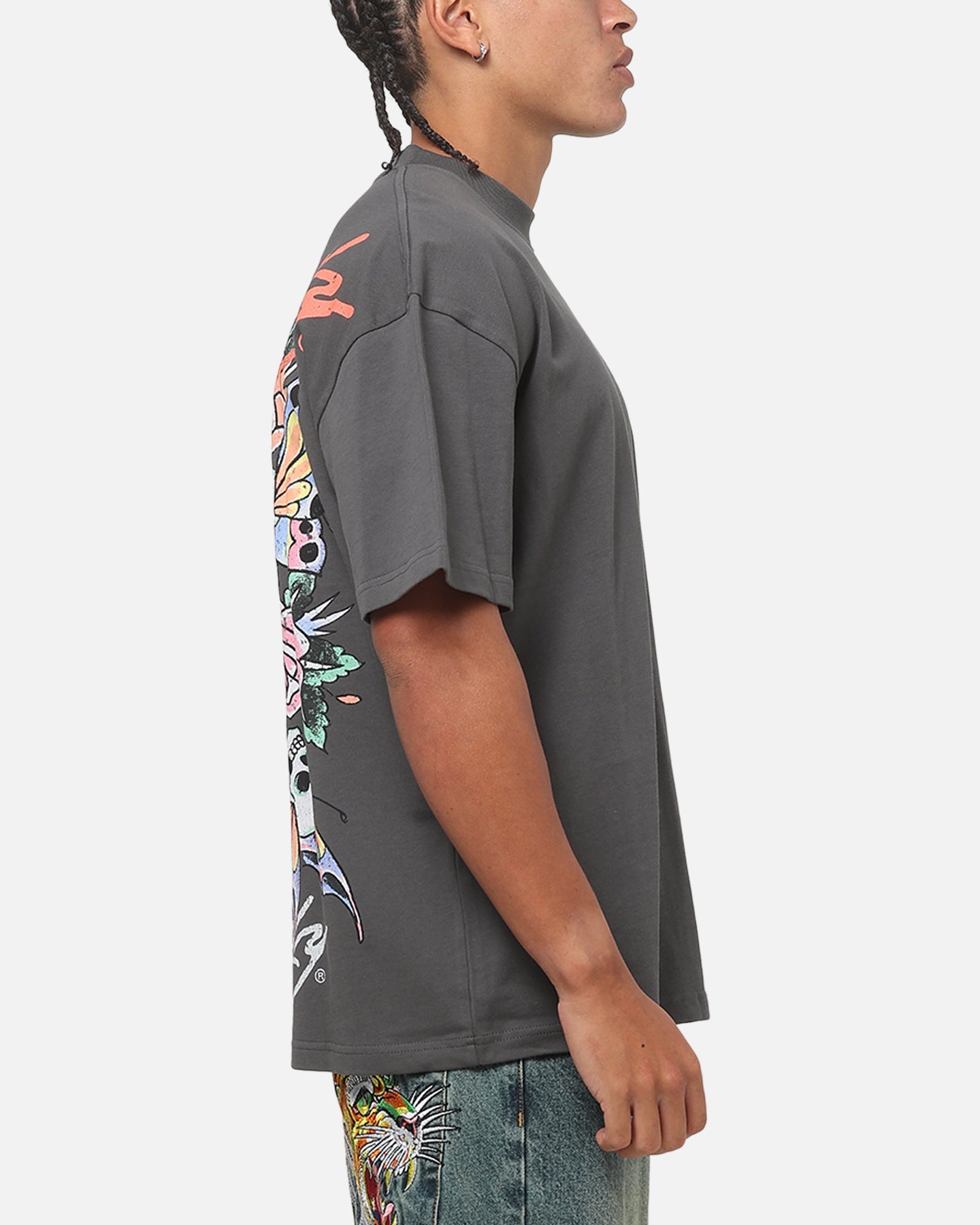 Ed Hardy Floral Skull T-Shirt Charcoal
