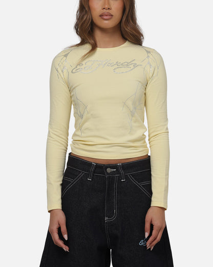 Ed Hardy Women's Cyber Rhinestone Long Sleeve T-Shirt Butter Yellow