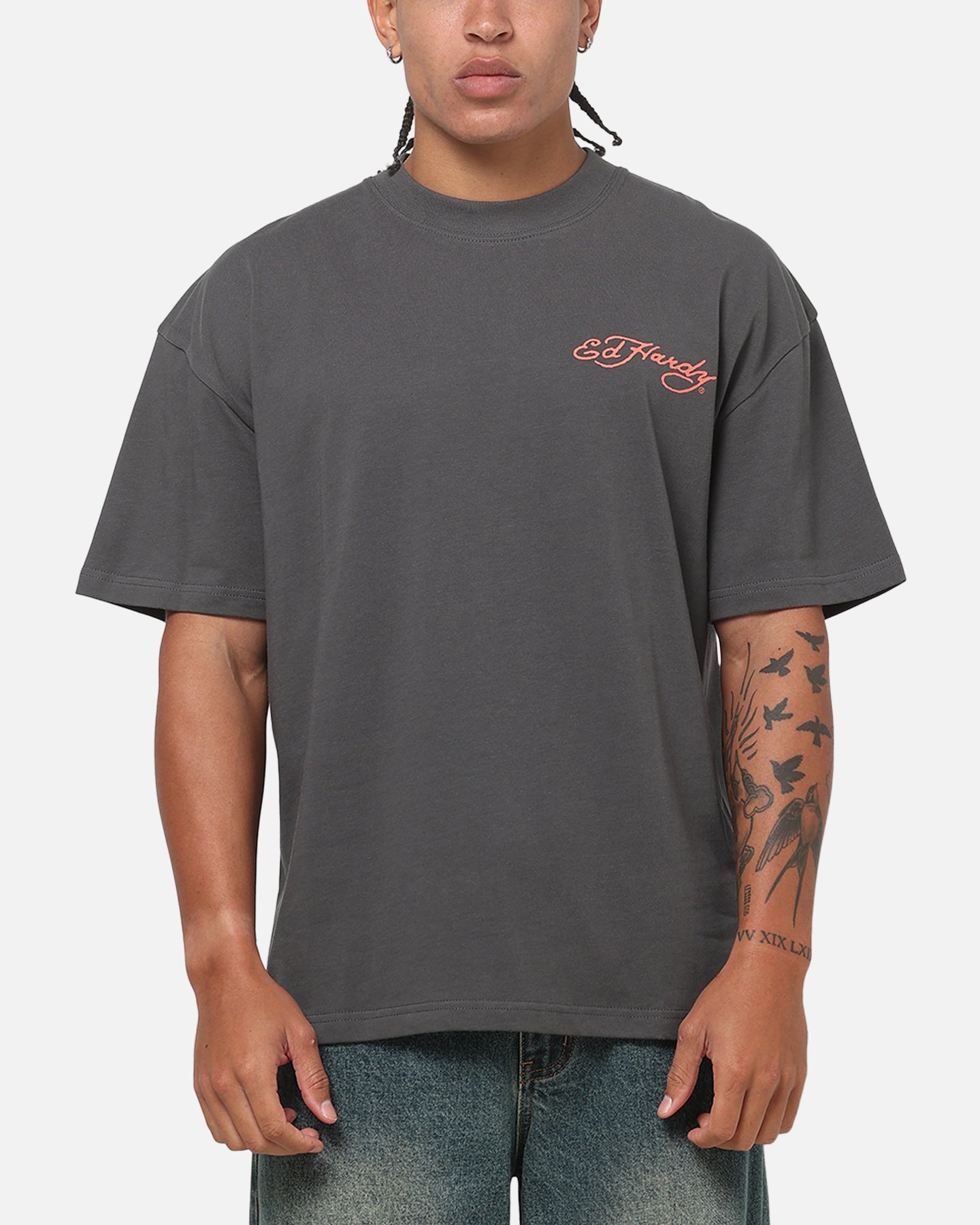 Ed Hardy Floral Skull T-Shirt Charcoal