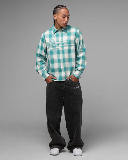 Loiter Hybrid Flannel Button Up Shirt Green-Plaid