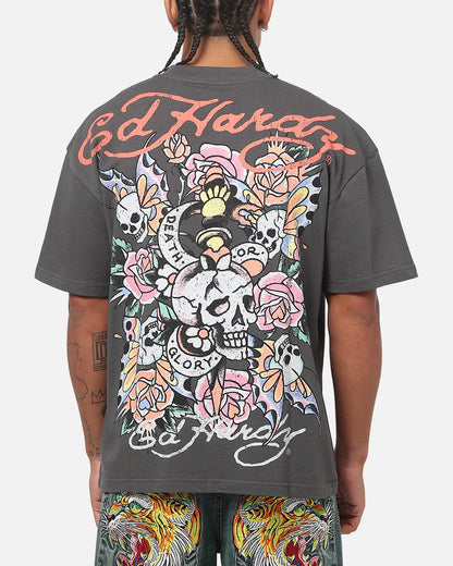 Ed Hardy Floral Skull T-Shirt Charcoal