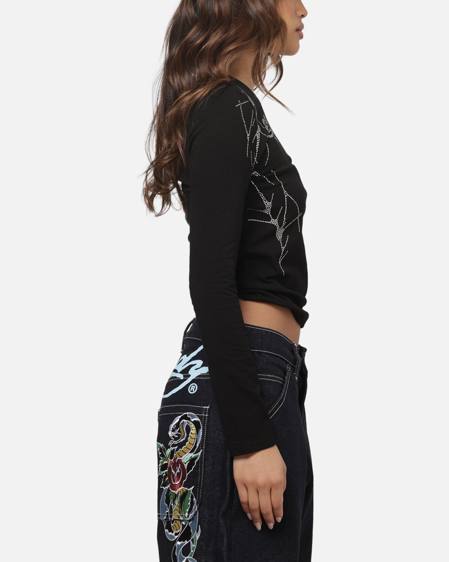 Ed Hardy Women's Cyber Rhinestone Long Sleeve T-Shirt Black