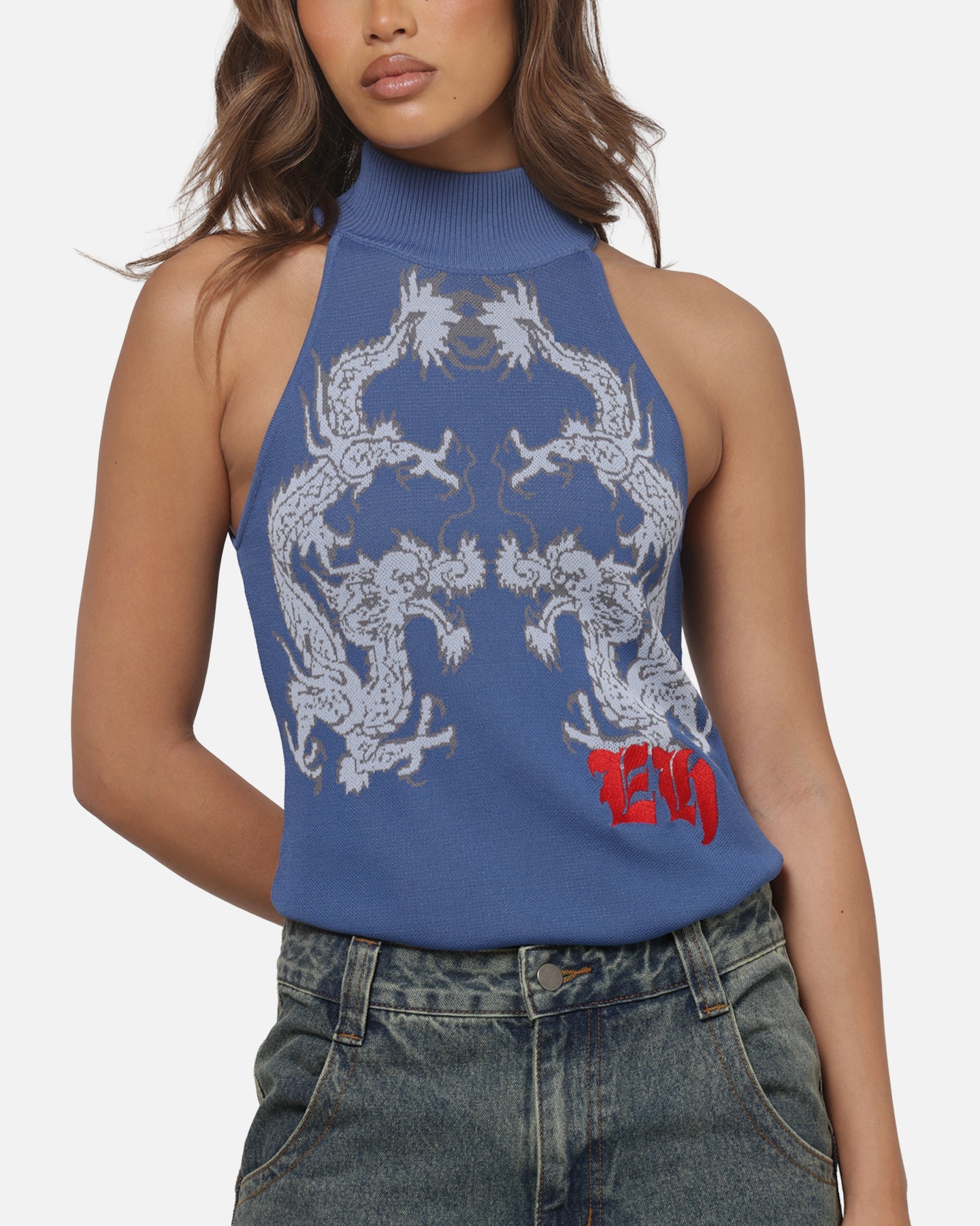 Ed Hardy Women's Dragon Knitted Top Washed Blue
