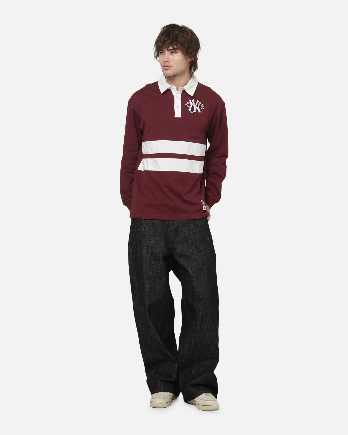 Mitchell & Ness New York Yankees Roses Rugby Long Sleeve Polo Shirt Sour Cherry