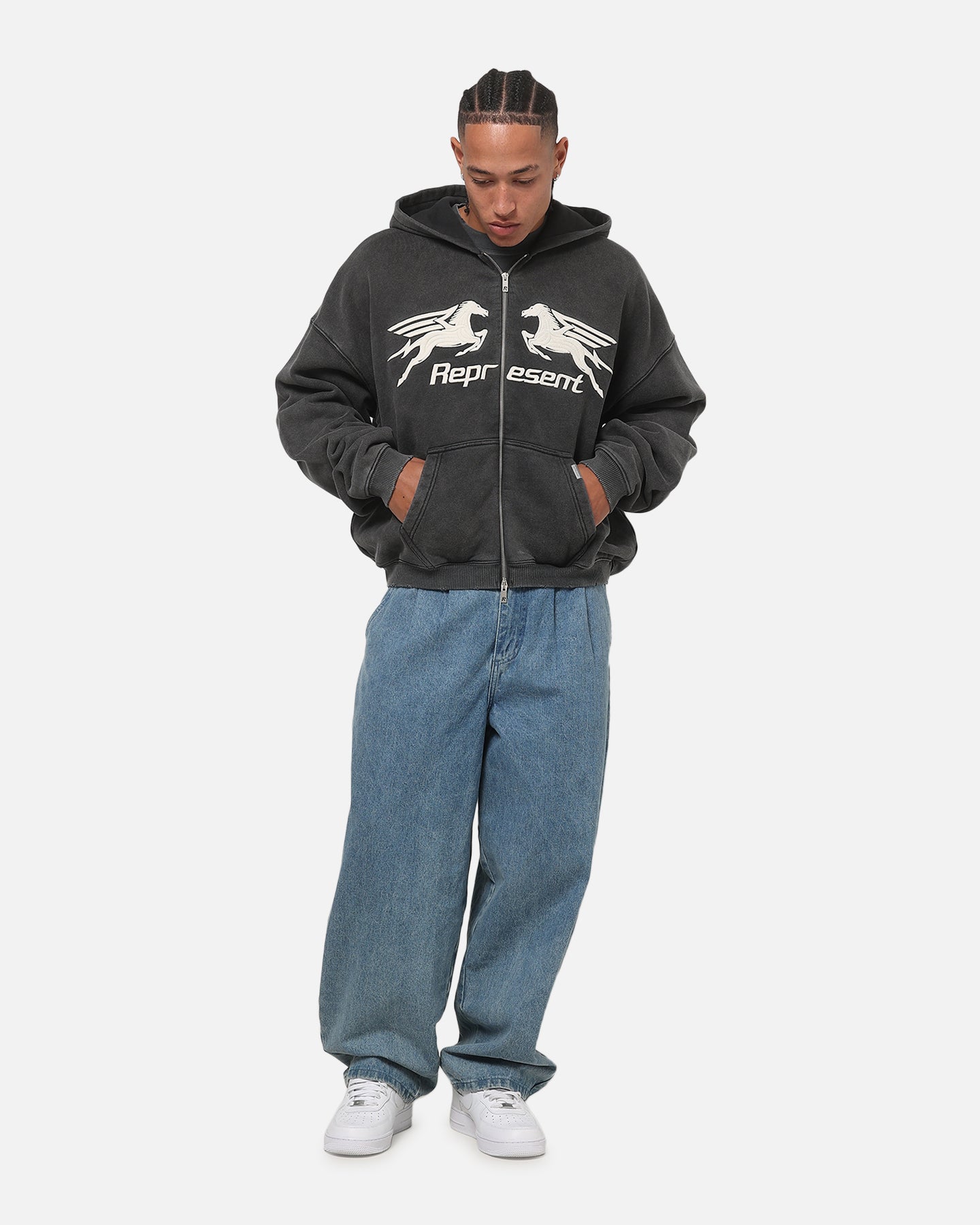 Represent Pegasus Zip Through Hoodie Vintage Grey