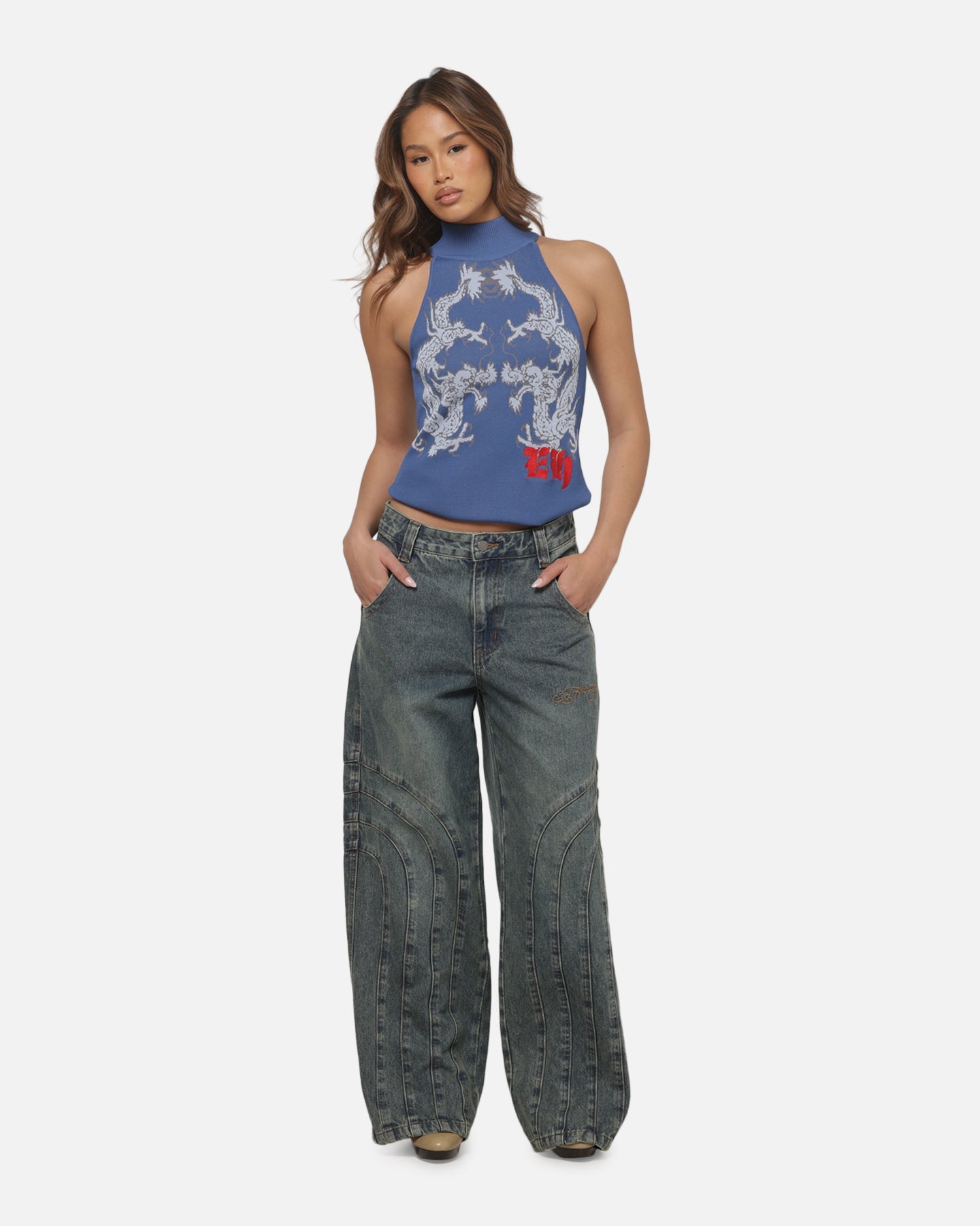 Ed Hardy Women's Dragon Knitted Top Washed Blue