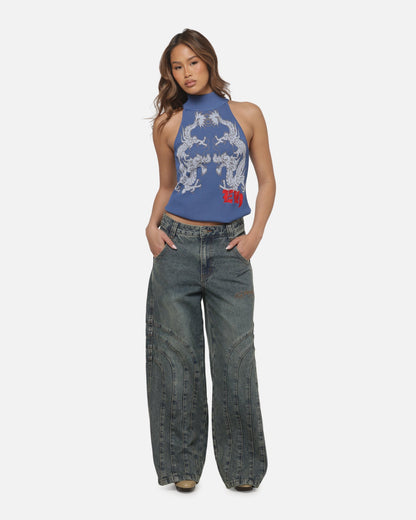 Ed Hardy Women's Dragon Knitted Top Washed Blue