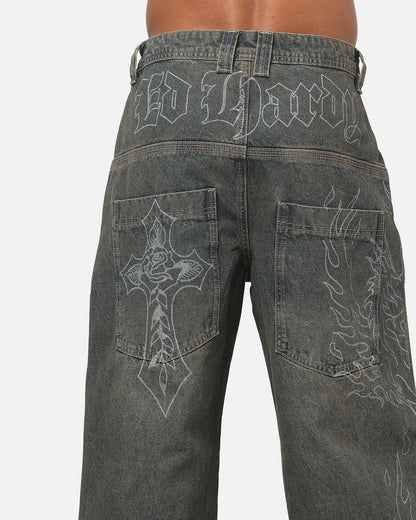 Ed Hardy Ghost Tattoo Ultra Wide Jeans Dirty Denim