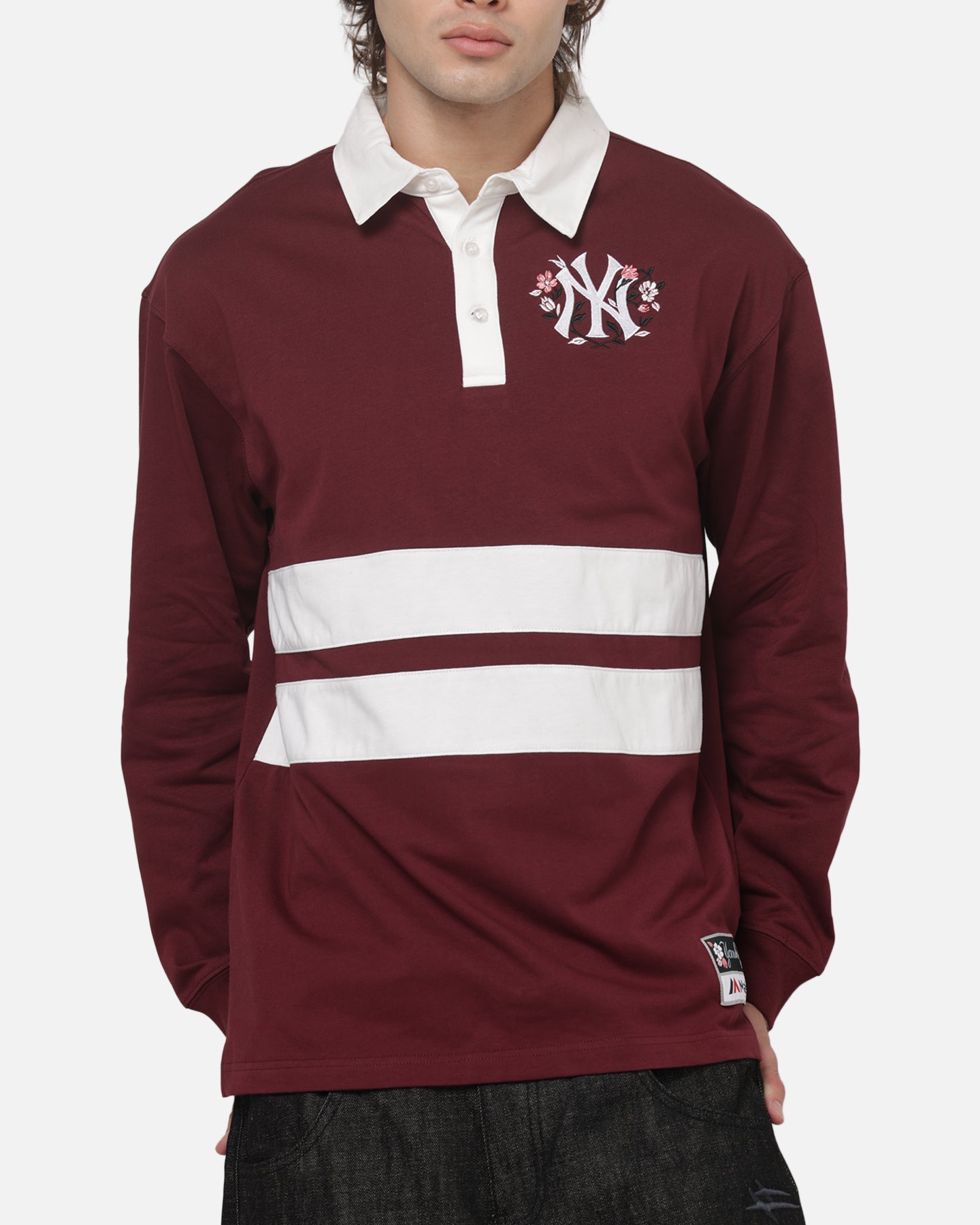 Mitchell & Ness New York Yankees Roses Rugby Long Sleeve Polo Shirt Sour Cherry