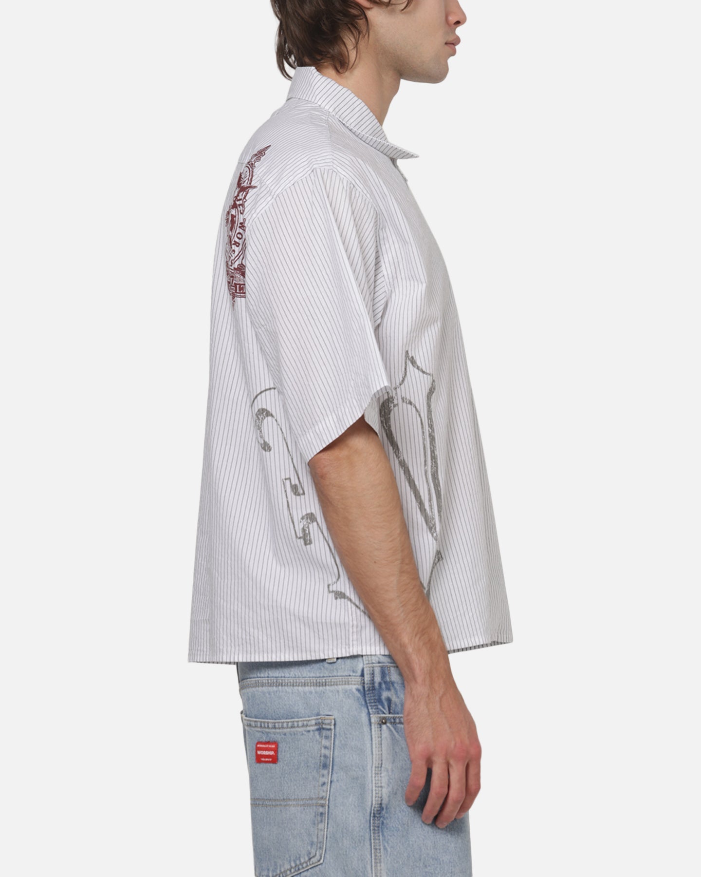 Worship Restraint Box Crop Shirt White Pinstripe