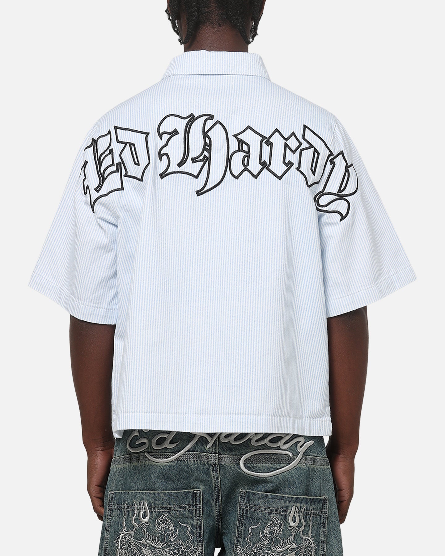 Ed Hardy Ghost Tattoo Button Up Shirt Blue Pinstripe