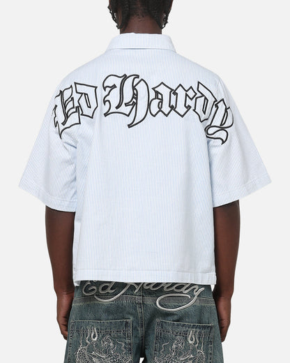 Ed Hardy Ghost Tattoo Button Up Shirt Blue Pinstripe