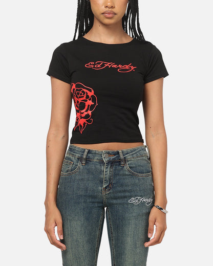Ed Hardy Women's Rose Heart Baby T-Shirt Black/Red