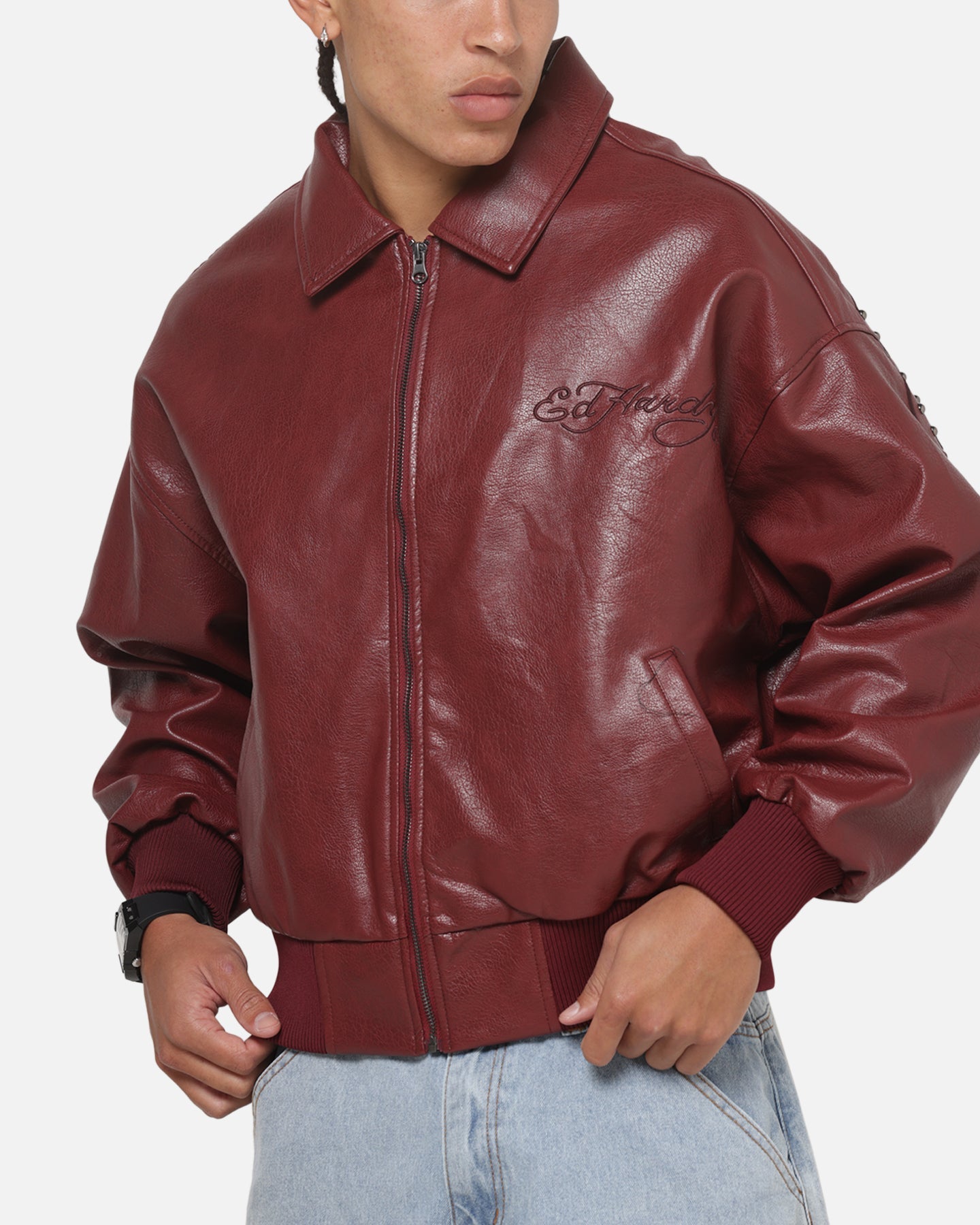 Ed Hardy Studded Bomber Jacket Red
