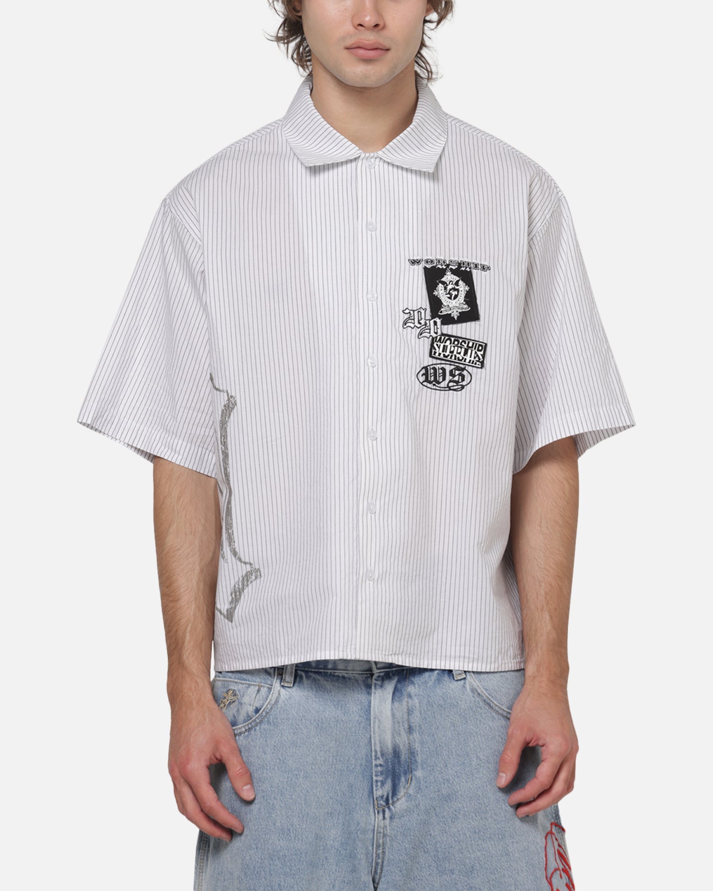 Worship Restraint Box Crop Shirt White Pinstripe