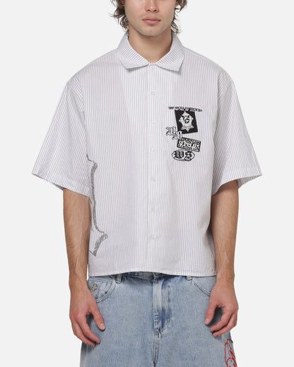 Worship Restraint Box Crop Shirt White Pinstripe
